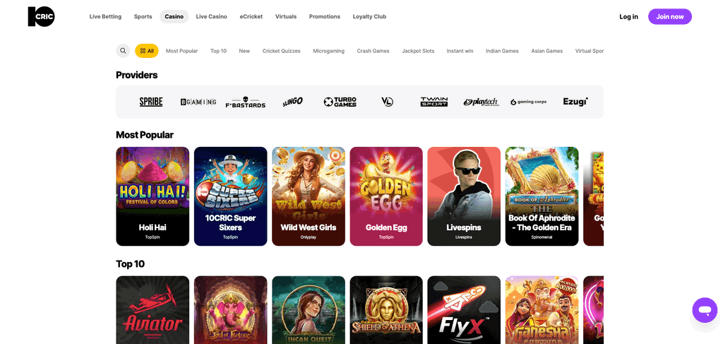 10Cric Casino Games