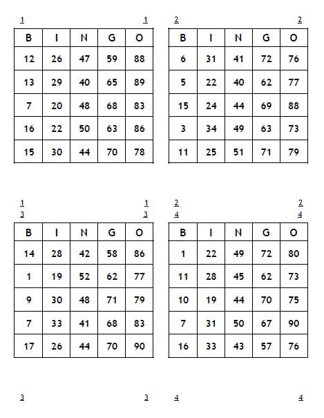 4 bingo cards per page 1-90
