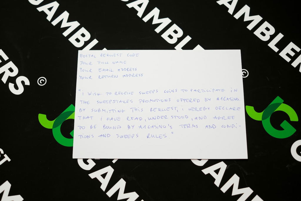 Photo of what you need to complete the A1 Casino mail-in request postcard.
