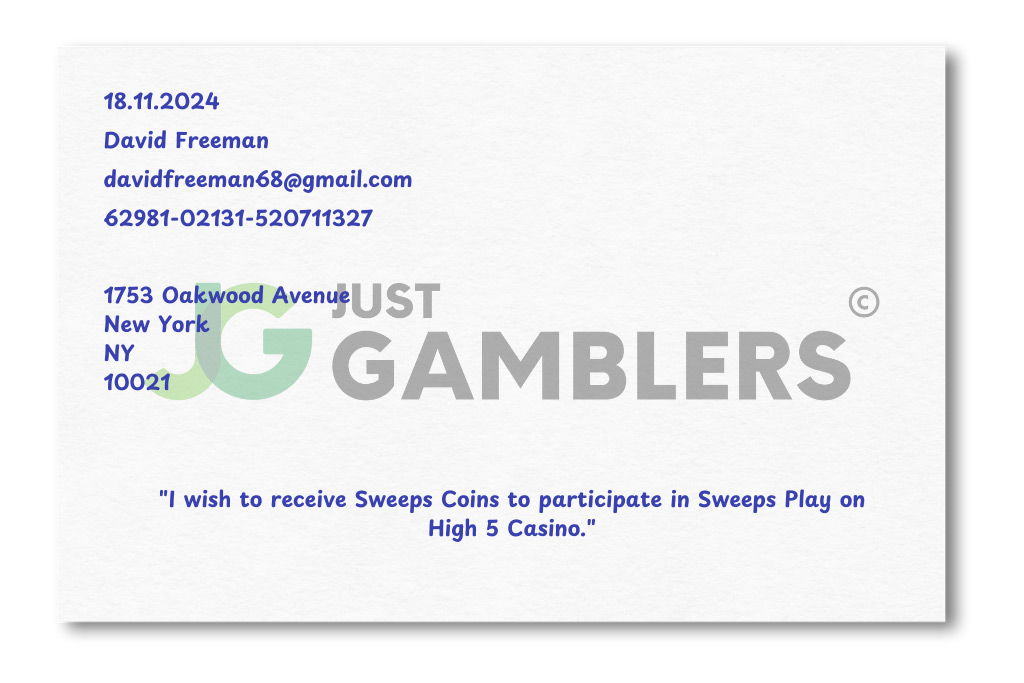 Graphic showing example of the postcard from an AMOE request at sweepstakes casinos.