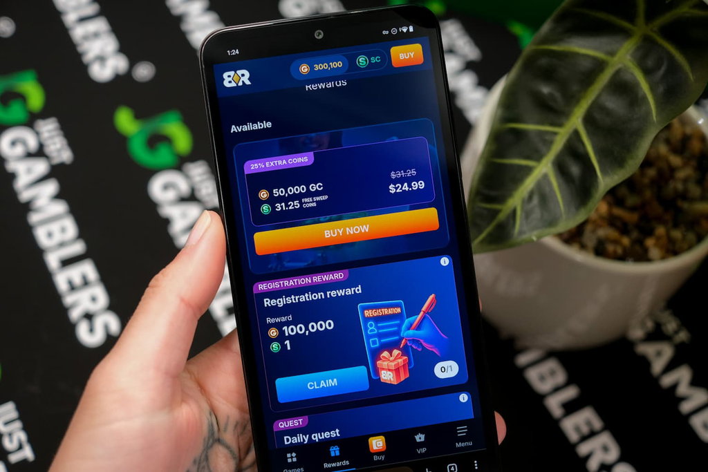 Angela Zillich holding an Android Phone with the Bank Rolla casino store page loaded on the webpage.