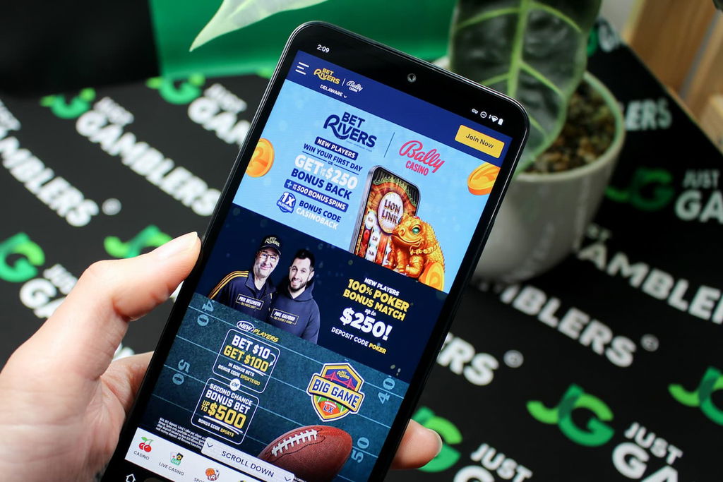 Photo of BetRivers Bally online casino site loaded on an iPhone.