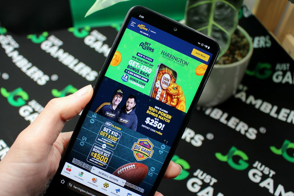 Photo of BetRivers Harrington online casino site loaded on an iPhone.