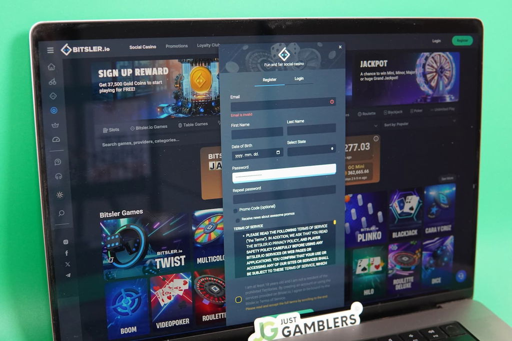 Patrik Lidin holding an iPhone with the Bitsler.io casino registration page loaded on the webpage.