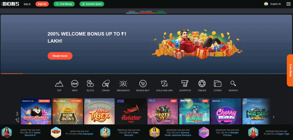 Bons Review Casino Homepage