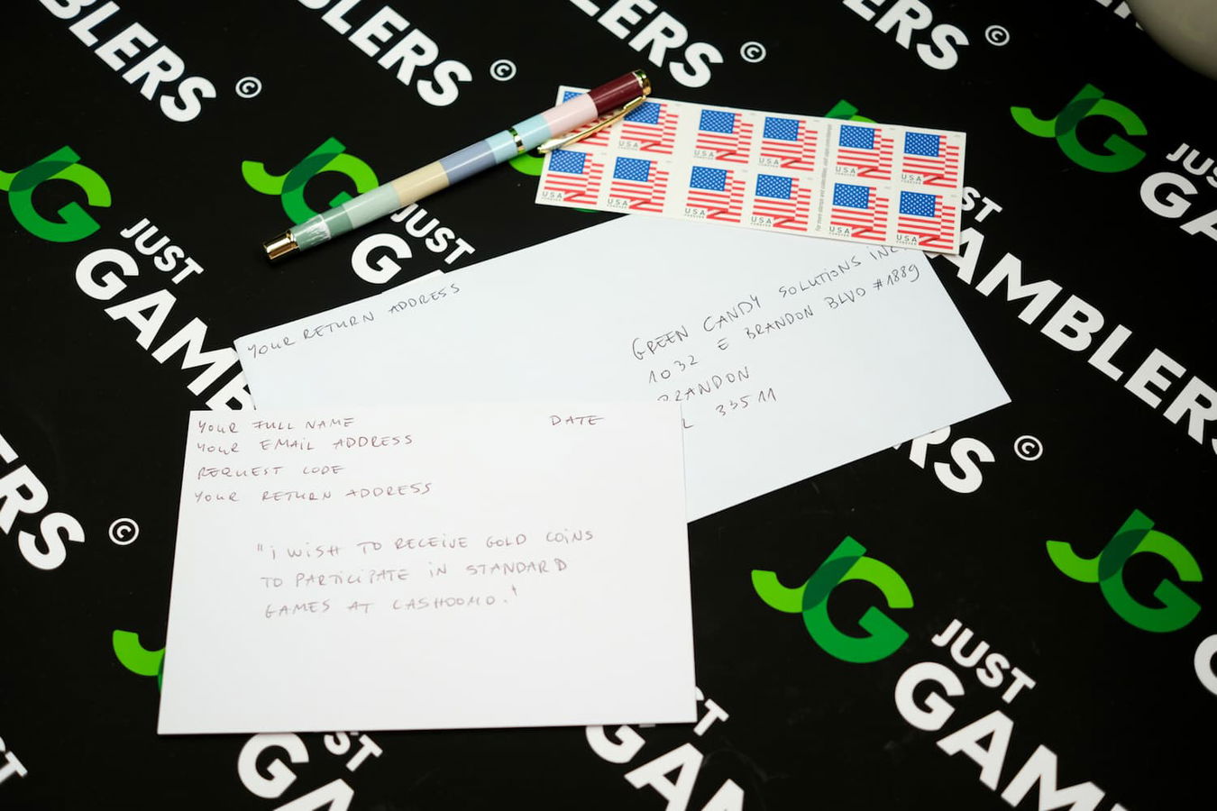 Photo of our Cashoomo mail-in request with card and envelope.