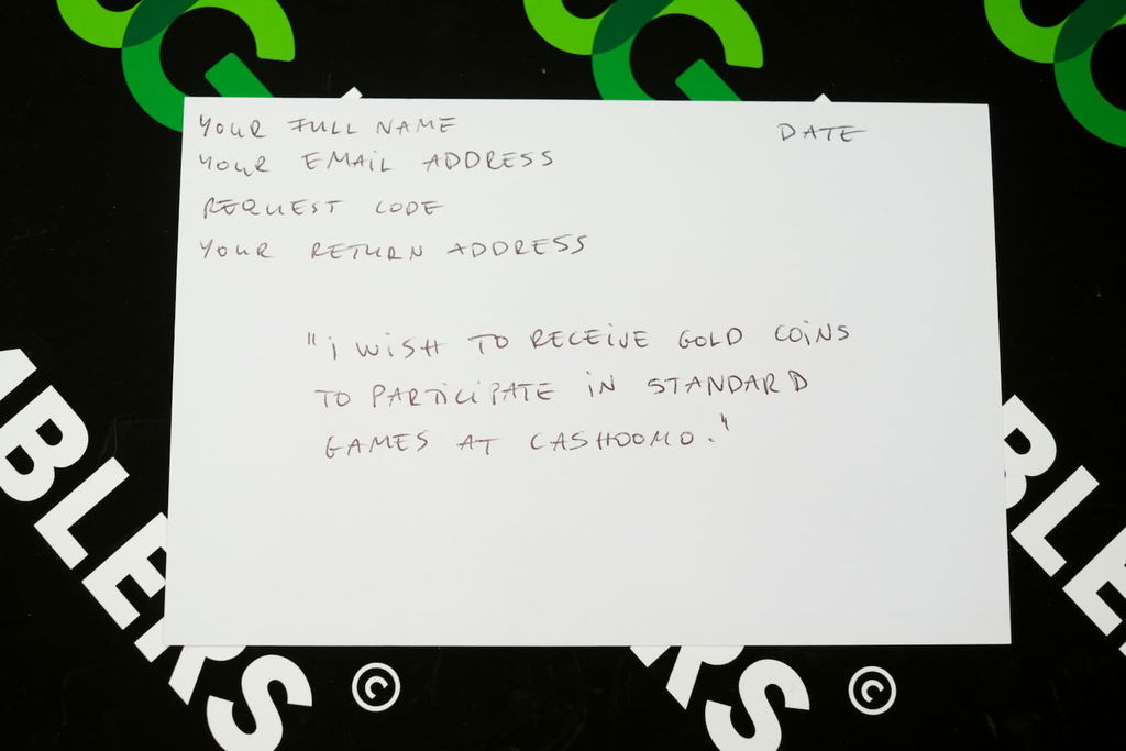 Photo of how to write the card for the Cashoomo mail-in request.