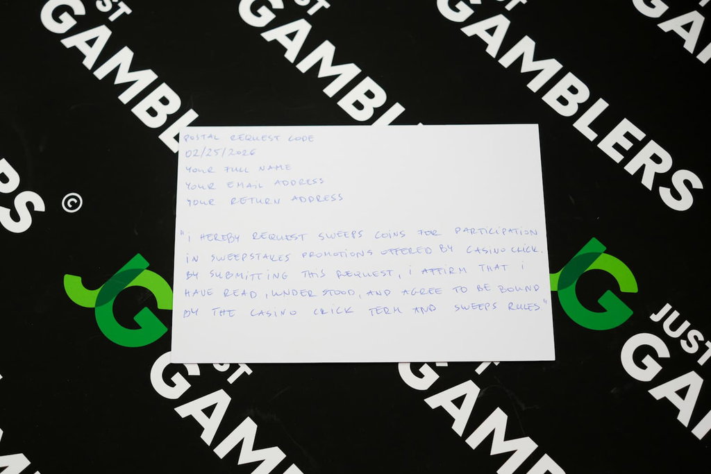 Photo of what you need to complete the Casino.Click mail-in request postcard.