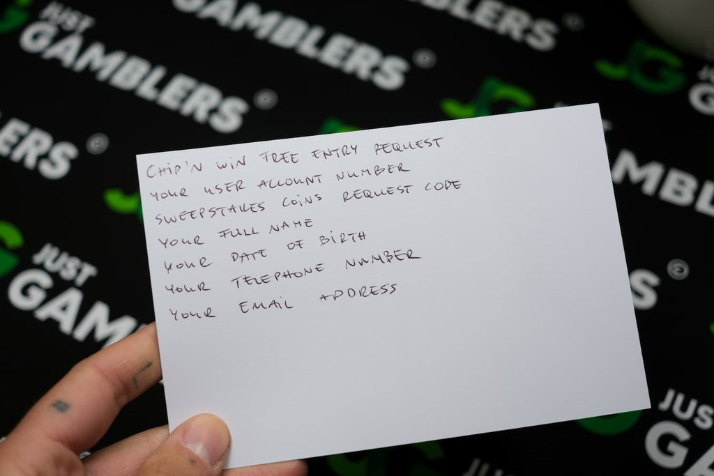 Photo of what you need to complete the Chip’N WIN mail-in request postcard.