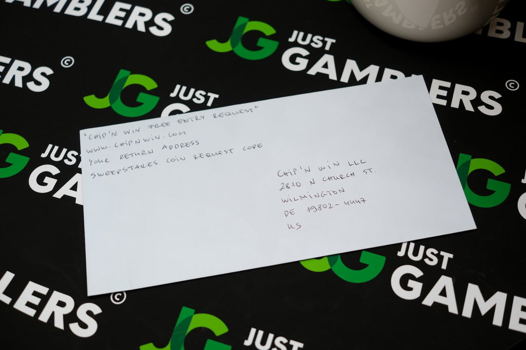 Photo of what you need to complete the Chip’N WIN mail-in request envelope.