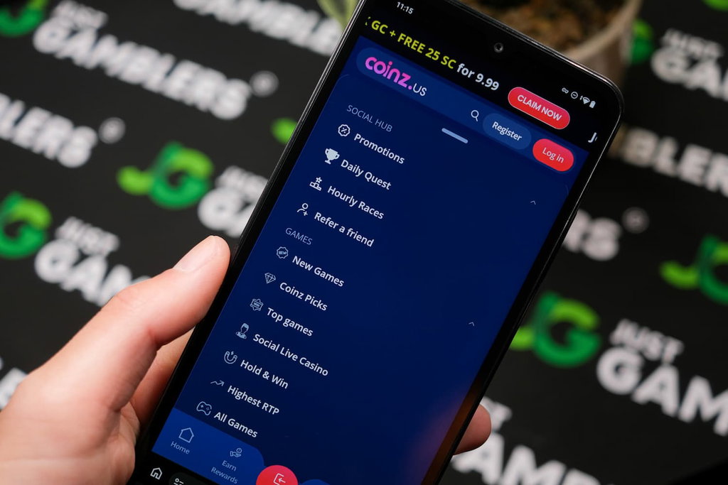 Angela Zillich holding an Android Phone with Coinz.us casino usability Menu page loaded on the webpage.
