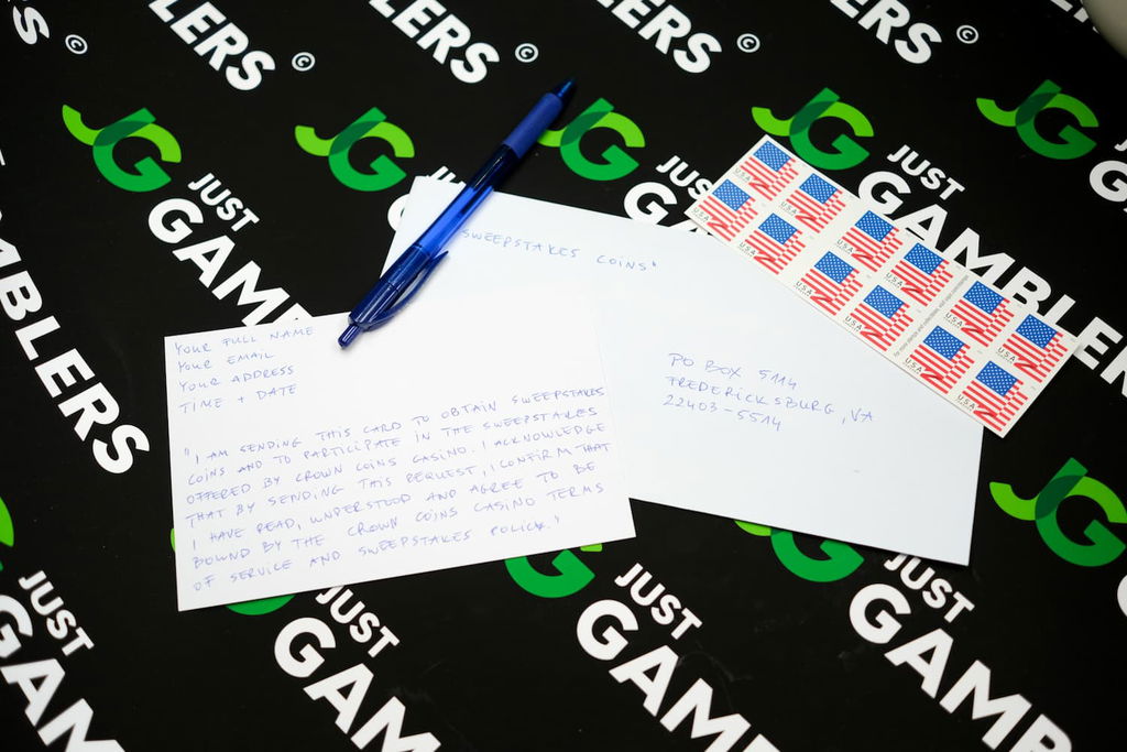 Photo of what you need to complete the Crown Coins Casino mail-in request for free SC.