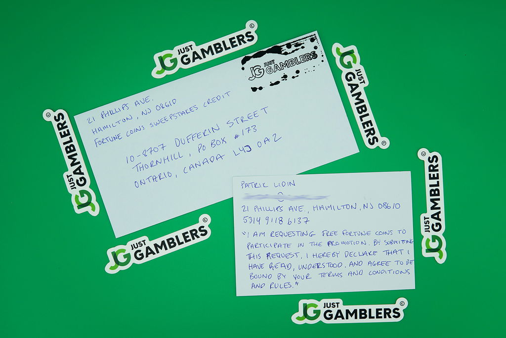 Photos of an actual letter and envelope used for making a Fortune Coins mail-in request for free sweepstakes coins.