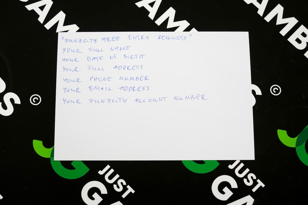 Example of how you should write the FunzCity mail-in request, and what you need to complete it.