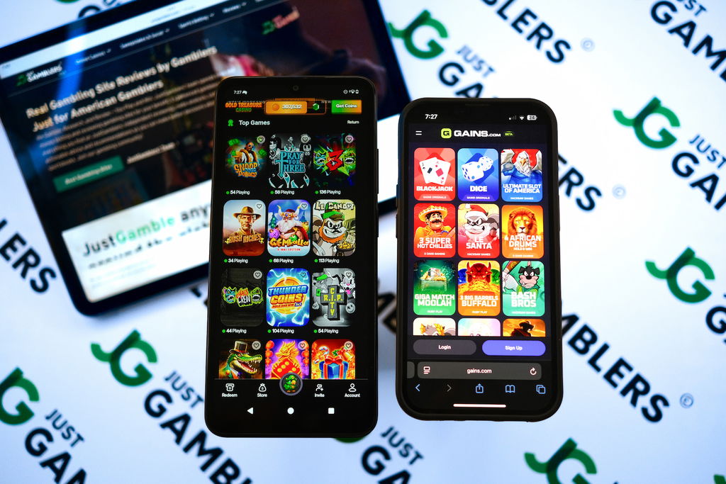 Photo of Gains and Gold Treasure Casino with respective game libraries loaded on the screen.