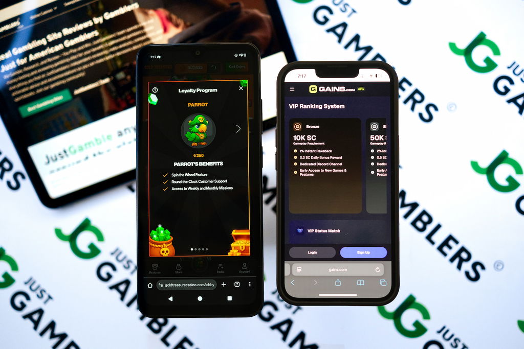 Photo of Gains and Gold Treasure Casino with respective promotional offering loaded on the screen.
