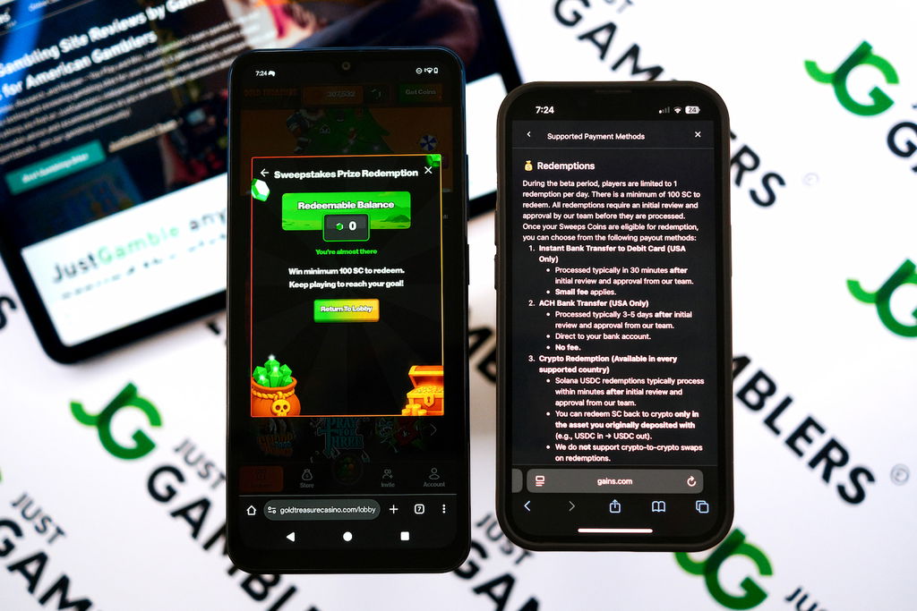 Photo of Gains and Gold Treasure Casino with respective redemption page loaded on the screen.