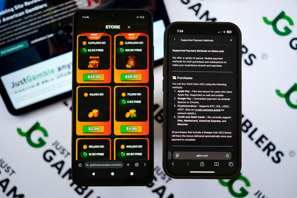 Photo of Gold Treasure Casino and Gains with respective coin store loaded on the screen.