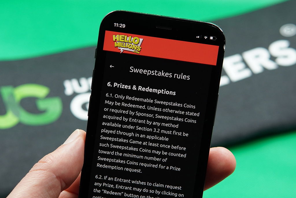 Photo of Patrik Lidin showing the Hello Millions Terms and Conditions for minimum SC cashout rules.