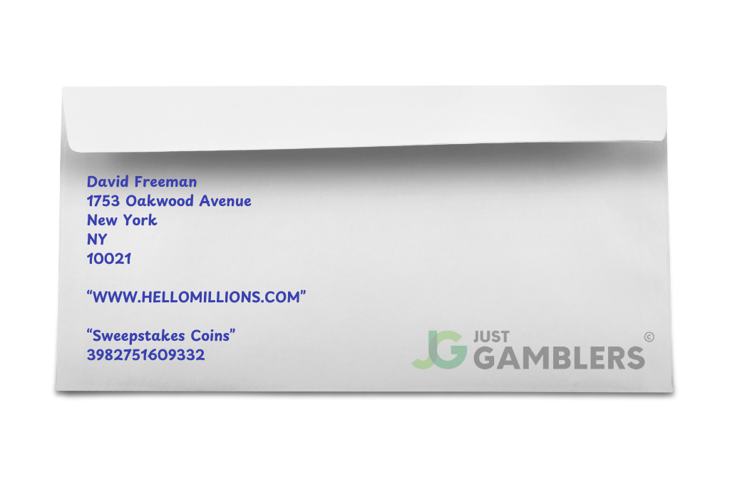 Graphic example of a Hello Millions mail-in request envelope backside.