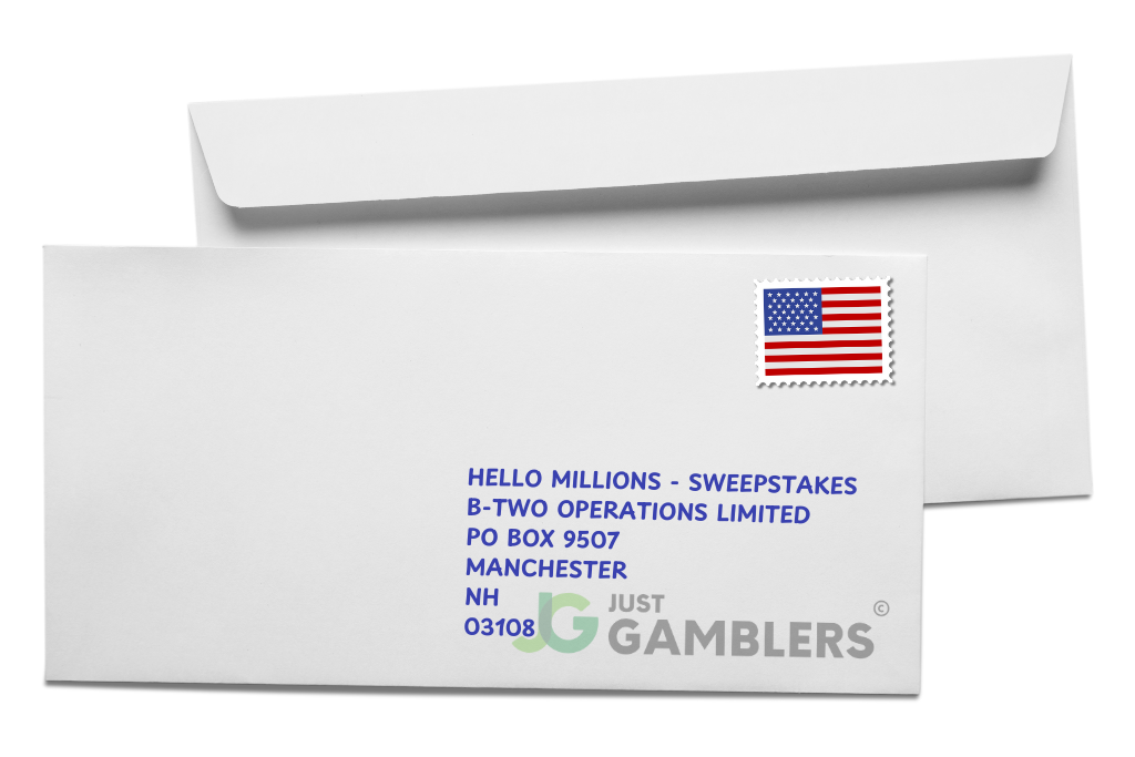 Graphic example of a Hello Millions mail-in request envelope frontside.