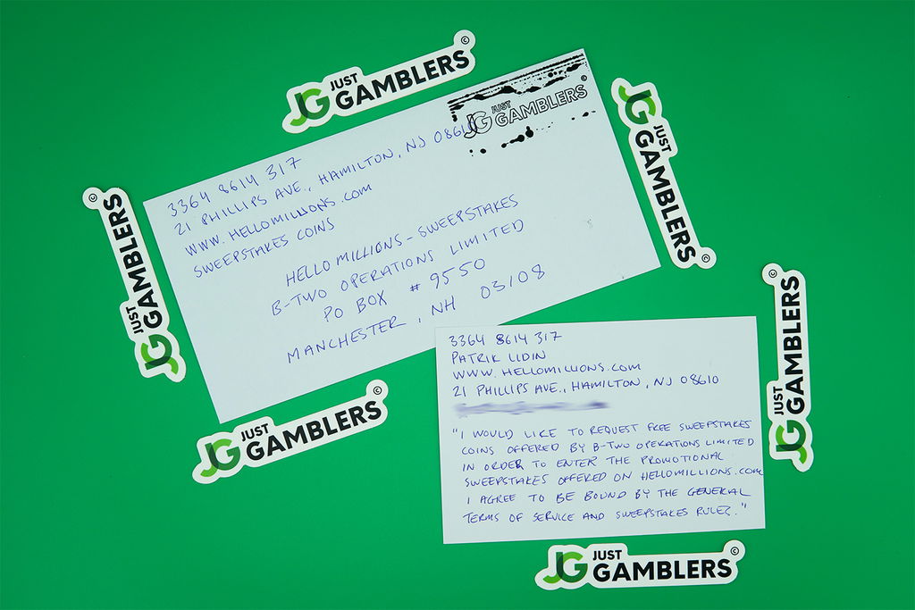 Photos of an actual letter and envelope used for making a Hello Millions mail-in request for free sweepstakes coins.