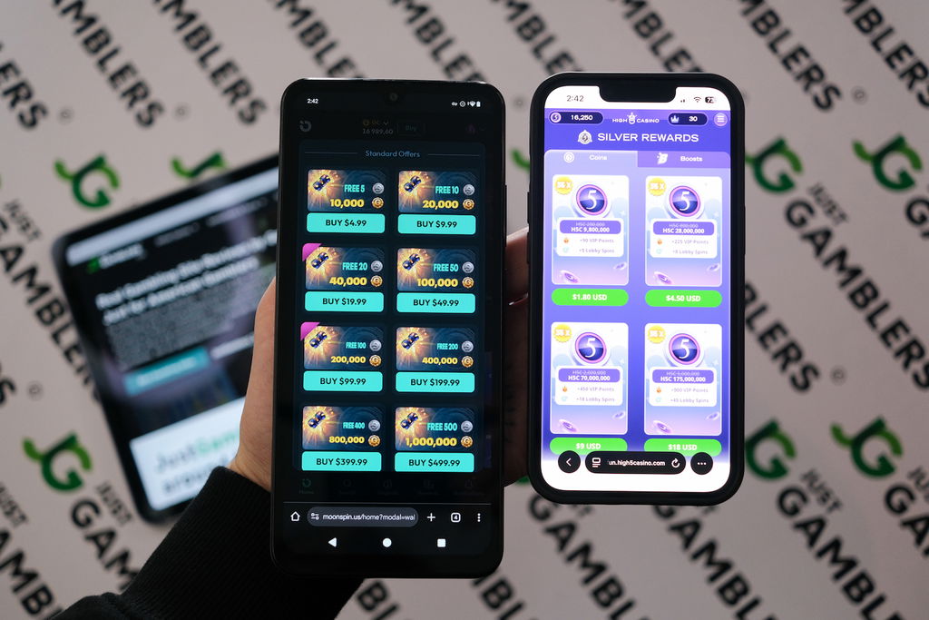 Photo of High 5 Casino and Moonspin with respective coin stores loaded on the screen.