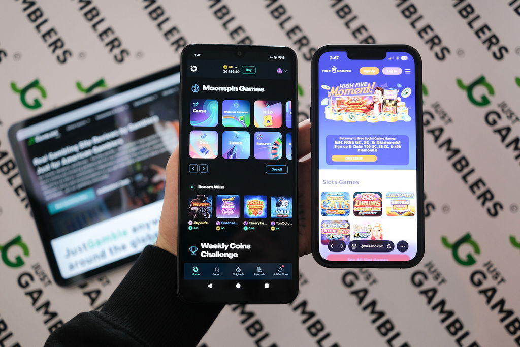Photo of High 5 Casino and Moonspin with respective game libraries loaded on the screen.