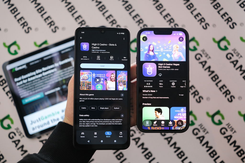 Photo of two mobile devices with the High 5 Casino app loaded.