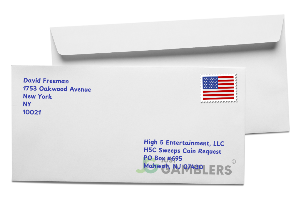 Graphic example of a High 5 Casino mail-in request envelope frontside.