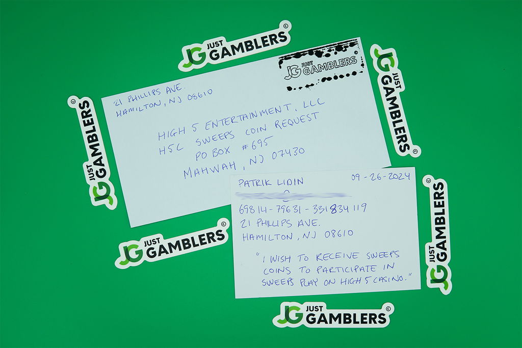 Photos of an actual letter and envelope used for making a High 5 Casino mail-in request for free sweepstakes coins.