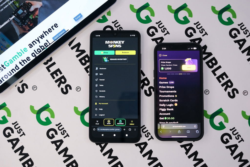 Photo of two mobile devices with Jackpot Rabbit and Monkey Spins menu pages loaded.