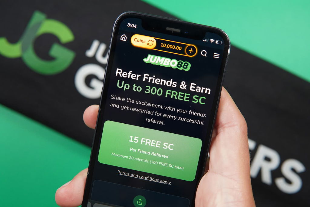 Patrik Lidin holding an iPhone with the Jumbo88 casino promotions page loaded on the webpage.