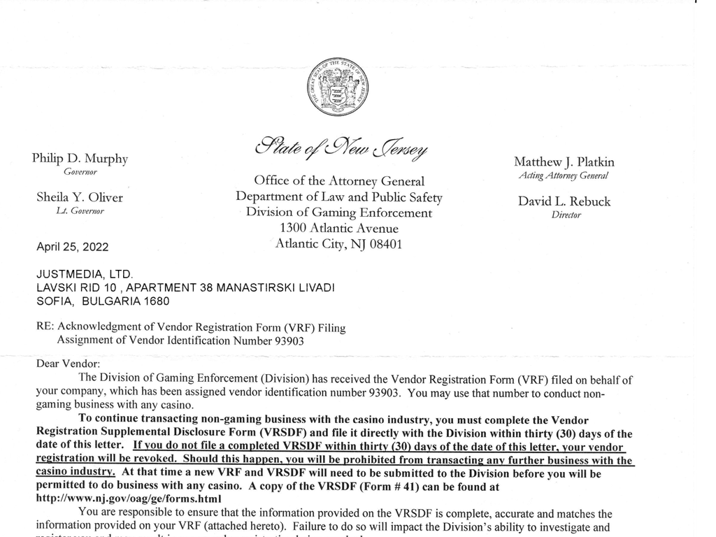 JustGamblers iGaming Vendor Registration New Jersey
