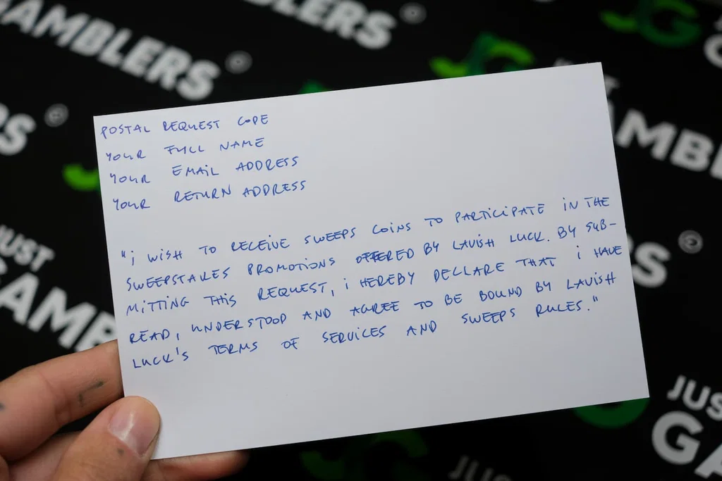 Photo of what you need to complete the Lavish Luck Slots mail-in request postcard.