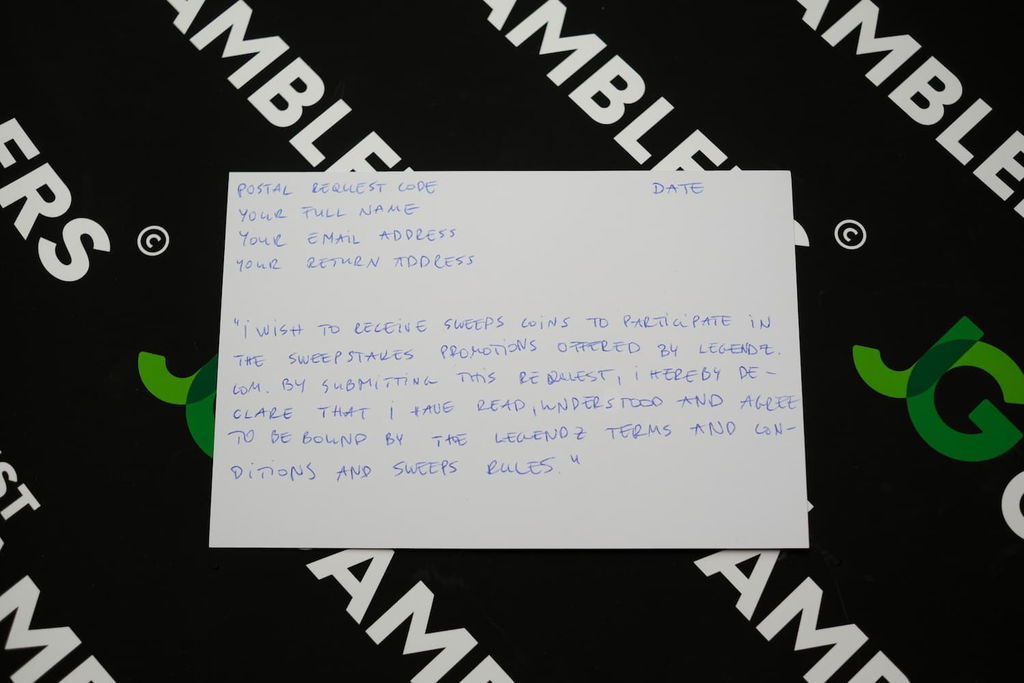 Photo of what you need to complete the Legendz mail-in request postcard.