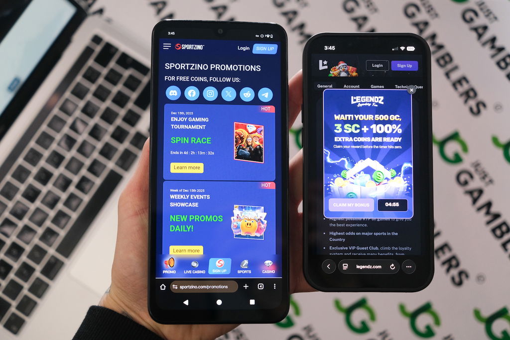 Photo of Legendz and Sportzino with respective promotional offerings pages loaded on the screen.