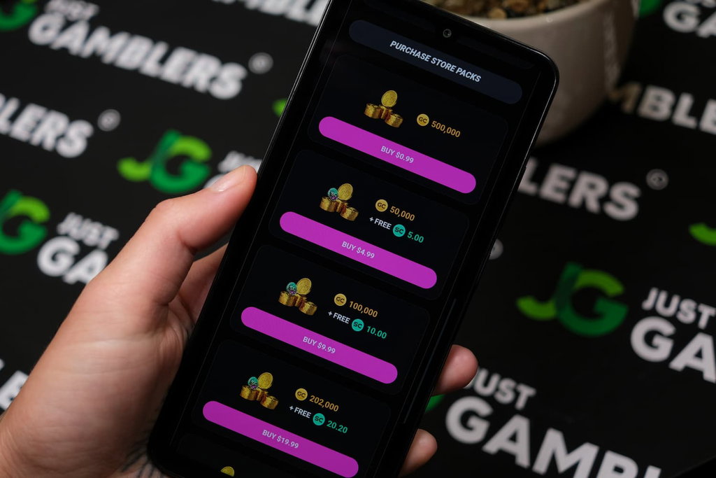 Angela Zillich holding an Android Phone with Luck Party casino Coin Store page loaded on the webpage.