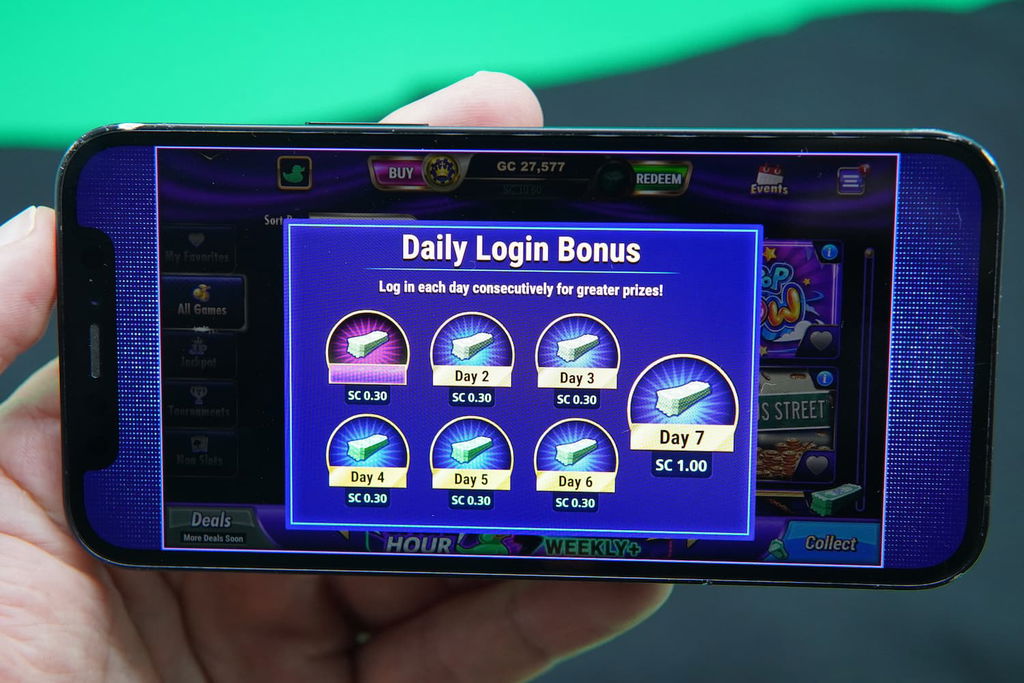 Patrik Lidin holding an iPhone with the LuckyLand casino daily login reward page loaded on the webpage.
