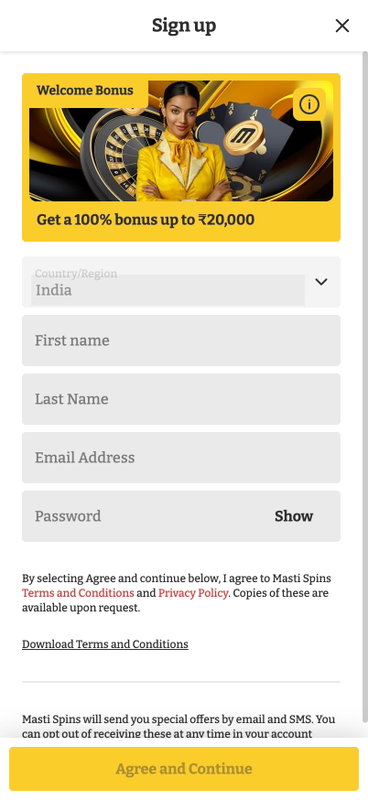 Masti Spins India register Mobile