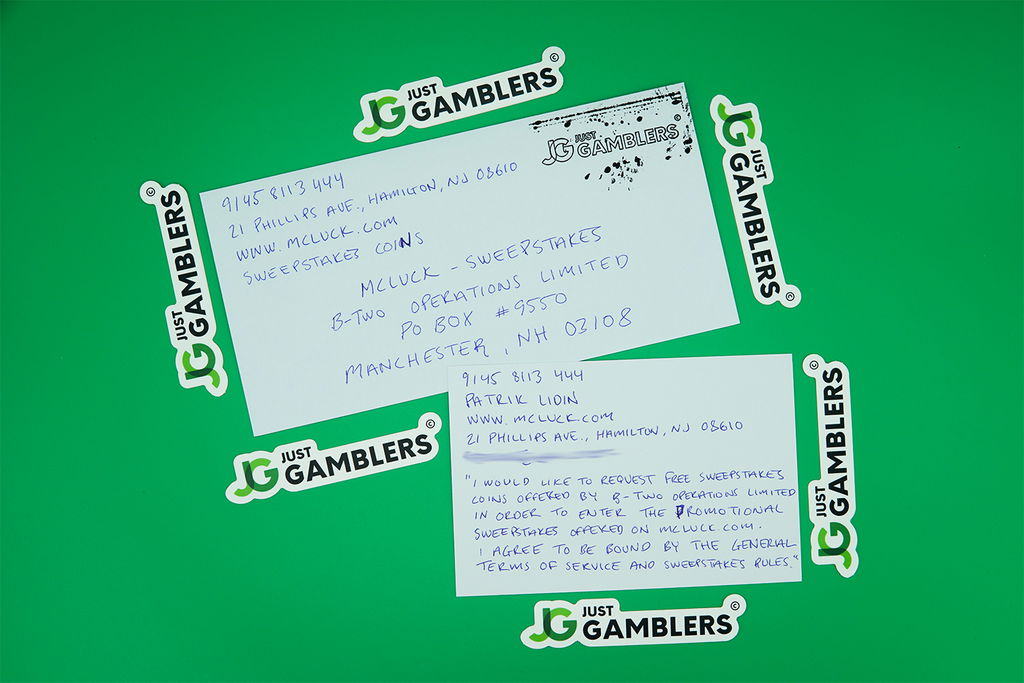Photos of an actual letter and envelope used for making a McLuck mail-in request for free sweepstakes coins.