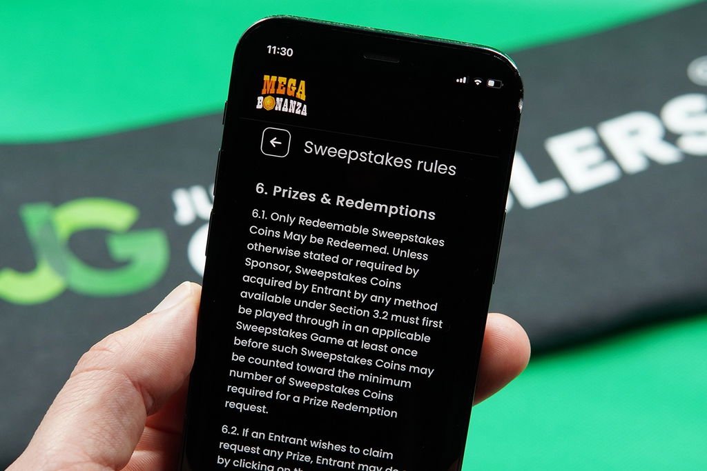 Photo of Patrik Lidin showing the Mega Bonanza Terms and Conditions for minimum SC cashout rules.