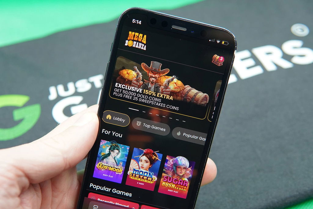 Photo of Patrik Lidin holding an iPhone to show how the Mega Bonanza Casino looks.