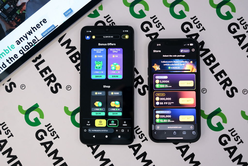 Photo of Monkey Spins and Jackpot Rabbit with respective coin store loaded on the screen.