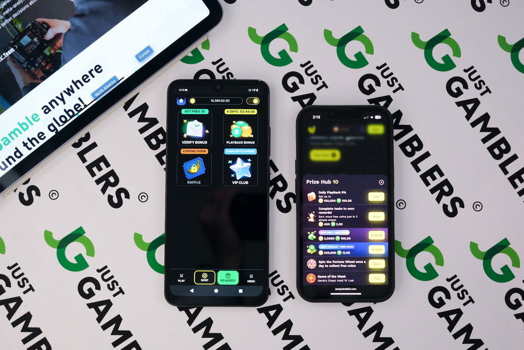 Photo of Monkey Spins and Jackpot Rabbit with respective promotional offering loaded on the screen.