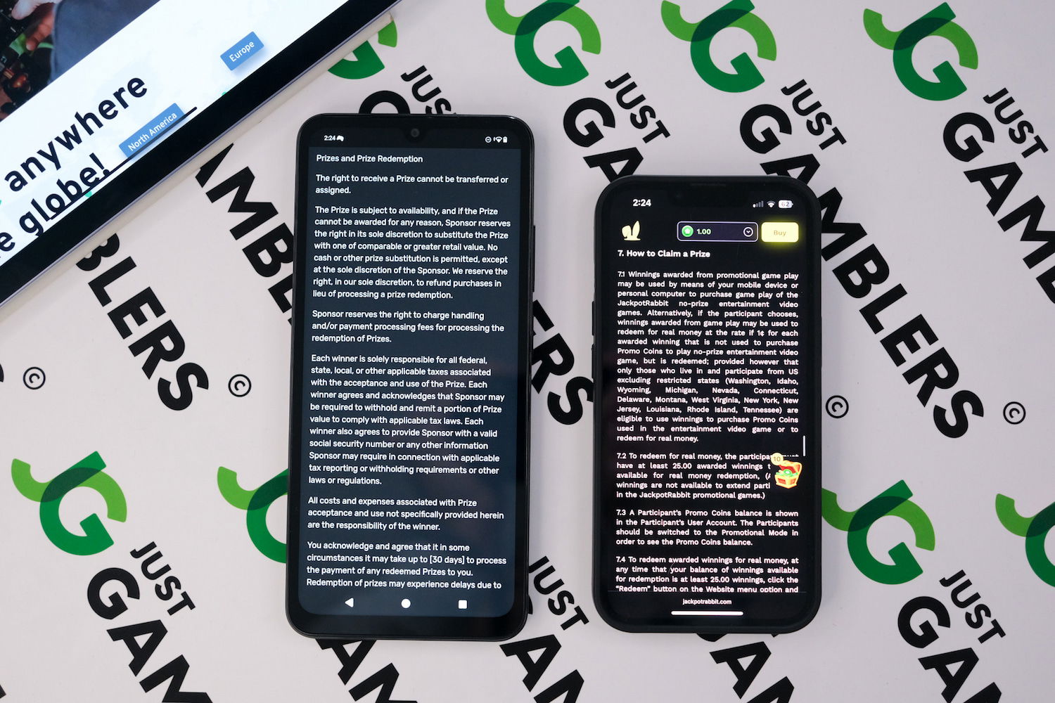 Photo of Monkey Spins and Jackpot Rabbit with respective redemption page loaded on the screen.