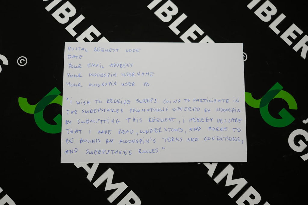 Photo of what you need to complete the Moonspin mail-in request postcard.