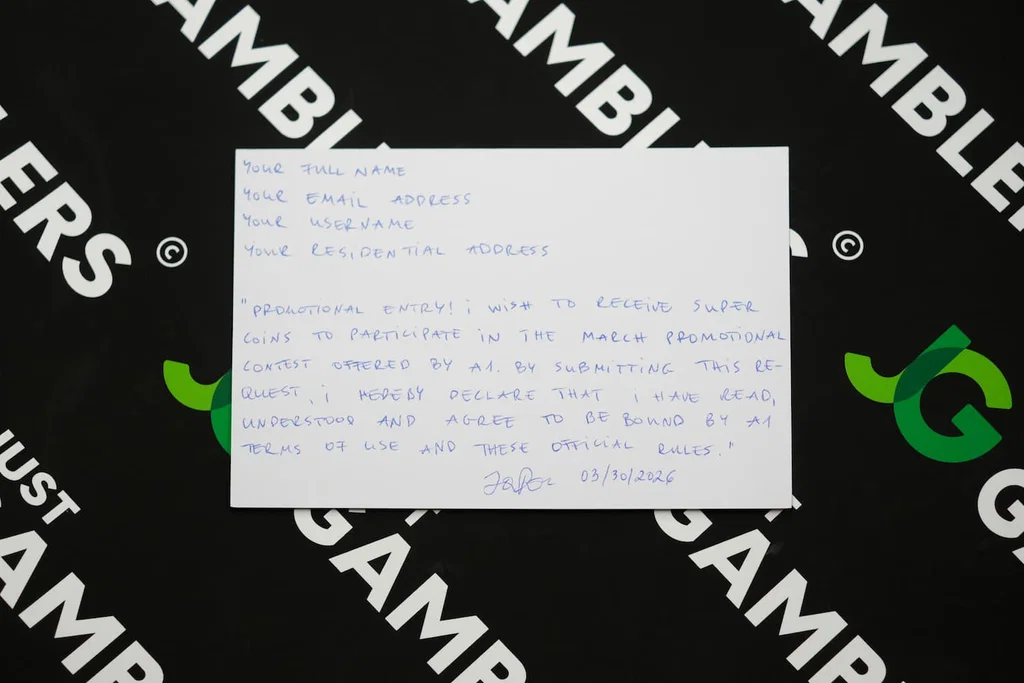 Photo of what you need to complete the NoLimitCoins mail-in request postcard.