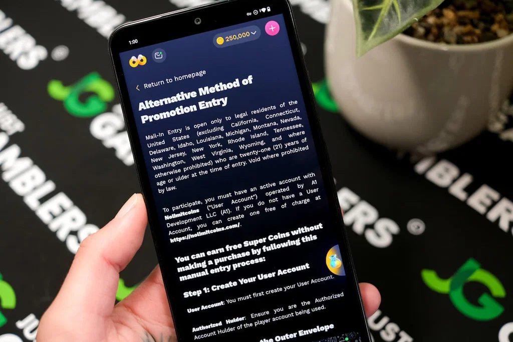 Photo of NoLimitCoins mail-in instructions SC Rules page.