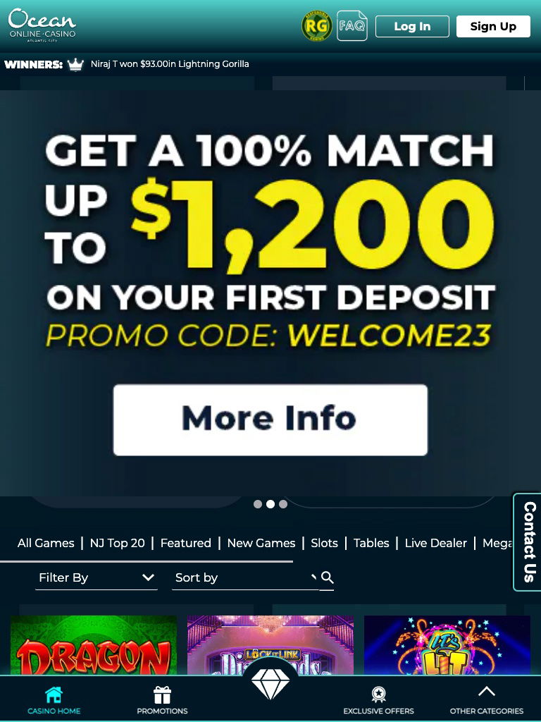Ocean Online Casino United States Review Tablet